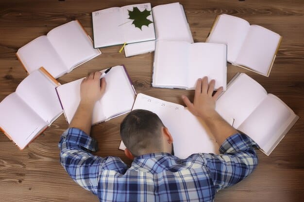 A top-down shot showing a person surrounded by a variety of books, notebooks filled with annotations, and a steaming cup of coffee, highlighting the importance of continuous learning and research in developing a critical mindset.
