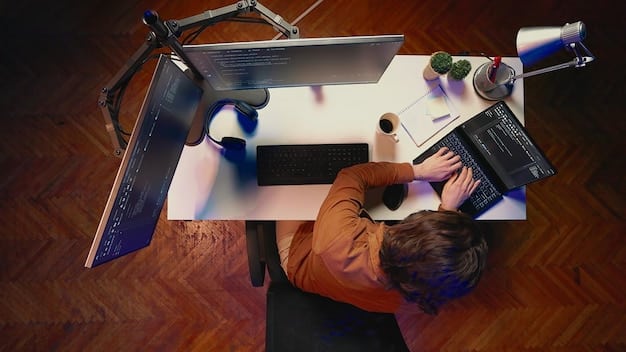 An overhead shot of the editing room, with the editor meticulously cutting and splicing film reels. The room is filled with various equipment, and the atmosphere is focused and intense. The focus is on the editor's hands as they work on the film.