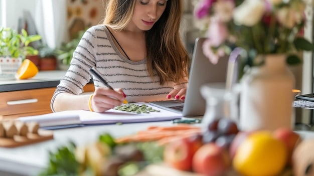 A person writing a weekly meal plan on a whiteboard in the kitchen, surrounded by healthy ingredients.