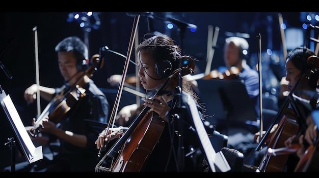 A shot of a live orchestra performing the series' theme song, capturing the epic and emotional quality of the music.