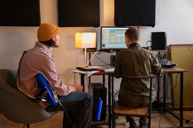 A collaborative scene showing a video editor and a sound designer working side-by-side, focusing on dialogue layering in a video editing suite, illustrating the collaborative effort to fine-tune dubbing for visual coherence.