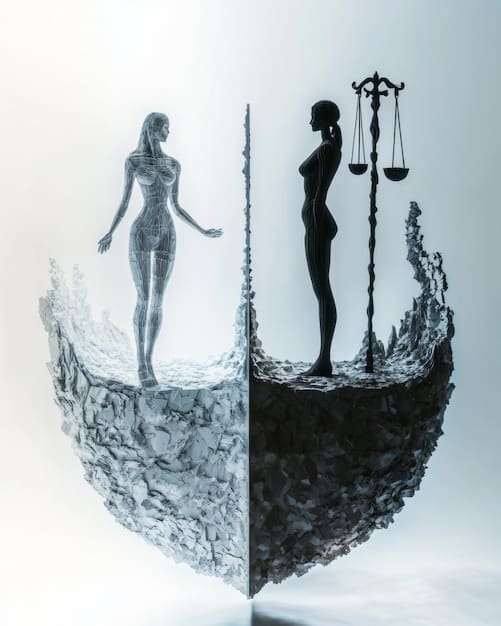A split image showcasing scales of justice on one side, representing objectivity, and an artist's palette on the other, symbolizing subjectivity. The background is a blurred cityscape, suggesting the complexity of balancing perspectives in critical analysis.