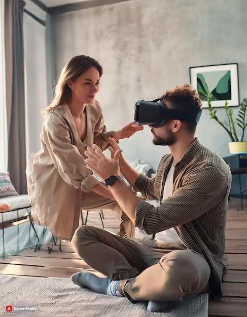 A close-up shot of two people wearing VR headsets, their hands gently touching in the virtual space. The background is blurred and shows a fantastical landscape, suggesting a romantic virtual date.
