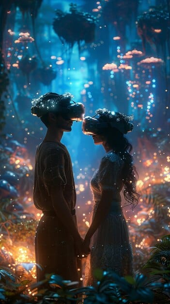 A romantic scene where a character is gazing affectionately at a holographic projection of an AI companion. The AI is depicted as a kind and caring figure.