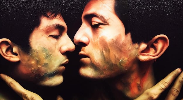 A close-up shot of two male characters in a BL drama holding hands, with a soft focus background highlighting the intimate moment and the emotional connection between them.