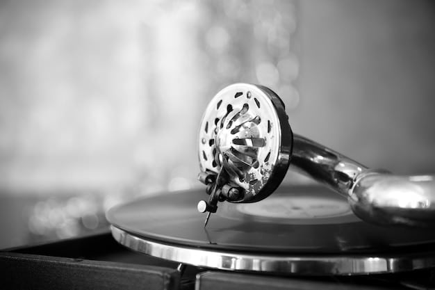 An artistic shot of a vinyl record player with the needle gently touching a record labeled
