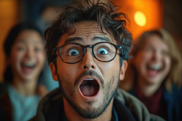 A close-up shot of a character in a dorama looking shocked and surprised, with their eyes wide open and mouth slightly ajar. The background is blurred, focusing attention on the character's expression. The lighting is dramatic, highlighting the emotional intensity of the scene.