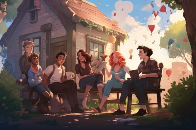 A scene from 'Reply 1988' depicting the five main characters sitting together, laughing and enjoying each other's company. The atmosphere is warm and nostalgic, capturing the essence of their friendship. The lighting is soft and natural, enhancing the cozy and intimate feel of the scene.