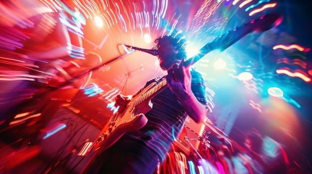 A picture of Lee Joon-gi on stage performing a song with energetic movements and a live band behind him, bathed in colorful stage lights.