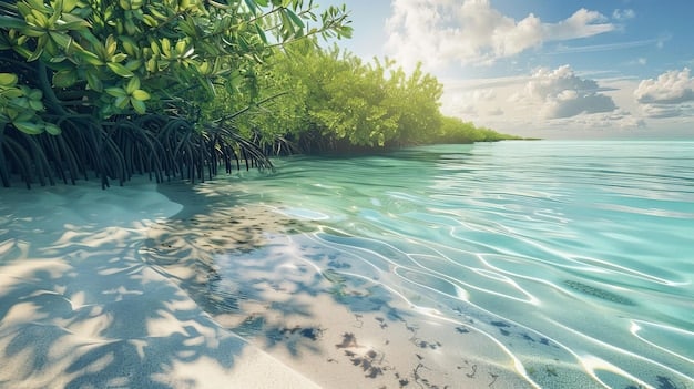 A pristine beach in Palau, with crystal-clear turquoise waters lapping against white sand. Lush green vegetation surrounds the beach, creating a tropical paradise setting that mirrors the beauty seen in