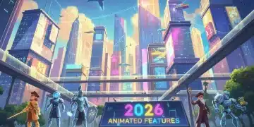 Futuristic animated cityscape with diverse characters hinting at 2026 film releases