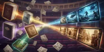 Dynamic collage of books transforming into movie scenes for 2026 adaptations