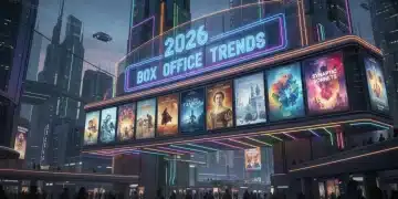 Futuristic movie marquee showcasing 2026 box office trends and diverse niche film genres.