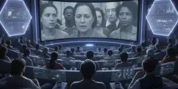 Diverse audience watching a documentary in 2026, reflecting cultural narratives