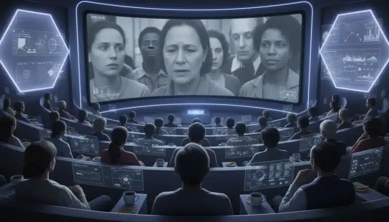 Diverse audience watching a documentary in 2026, reflecting cultural narratives