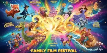 Vibrant collage of animated characters and family movie scenes for 2026 releases