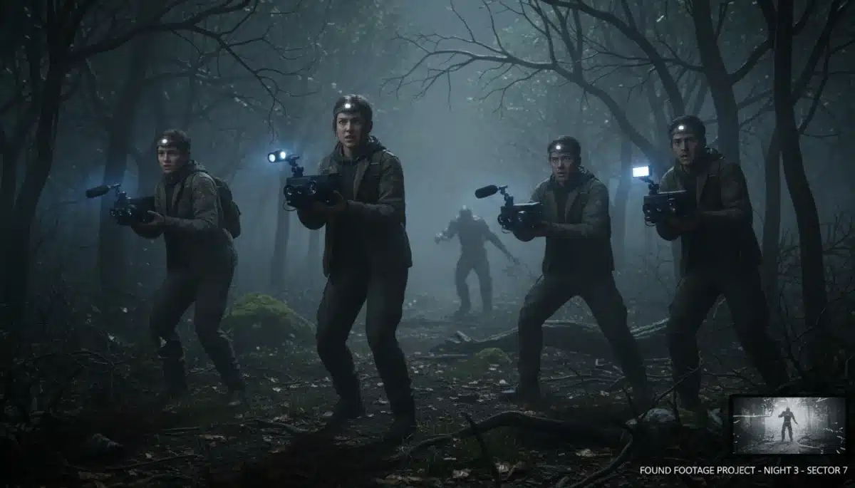 Filmmakers using advanced recording gear in a dark forest for a found footage project