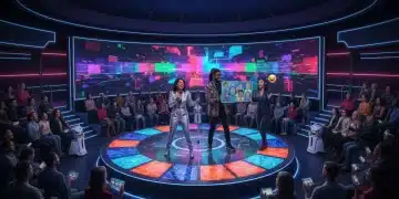 Futuristic comedy club with diverse performers and engaged audience in 2026