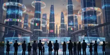 Futuristic cityscape with global media collaboration symbols, representing the 2026 co-production boom.