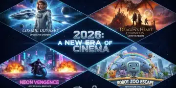 Dynamic montage of upcoming 2026 movie releases, showcasing various genres and studio blockbusters.