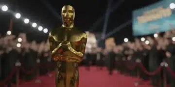 Golden Oscar statuette on a red carpet, symbolizing 2026 awards season