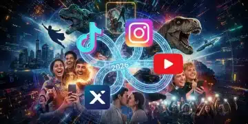 Dynamic social media icons blending with movie scenes and engaged viewers