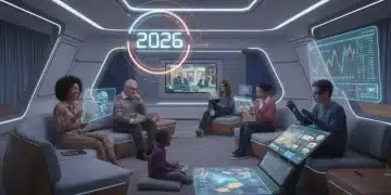 Diverse viewers engaging with multiple screens in a futuristic 2026 living room, illustrating fragmented streaming habits.