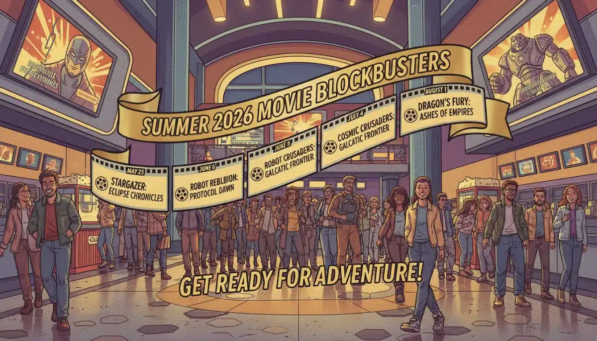Visual timeline of upcoming Summer 2026 movie releases in a cinema setting