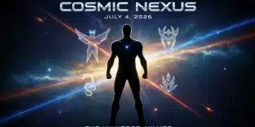 First official poster for 2026's biggest superhero film, showcasing a dynamic hero silhouette against a cosmic backdrop.