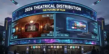 Futuristic marquee comparing traditional cinema and hybrid streaming in 2026