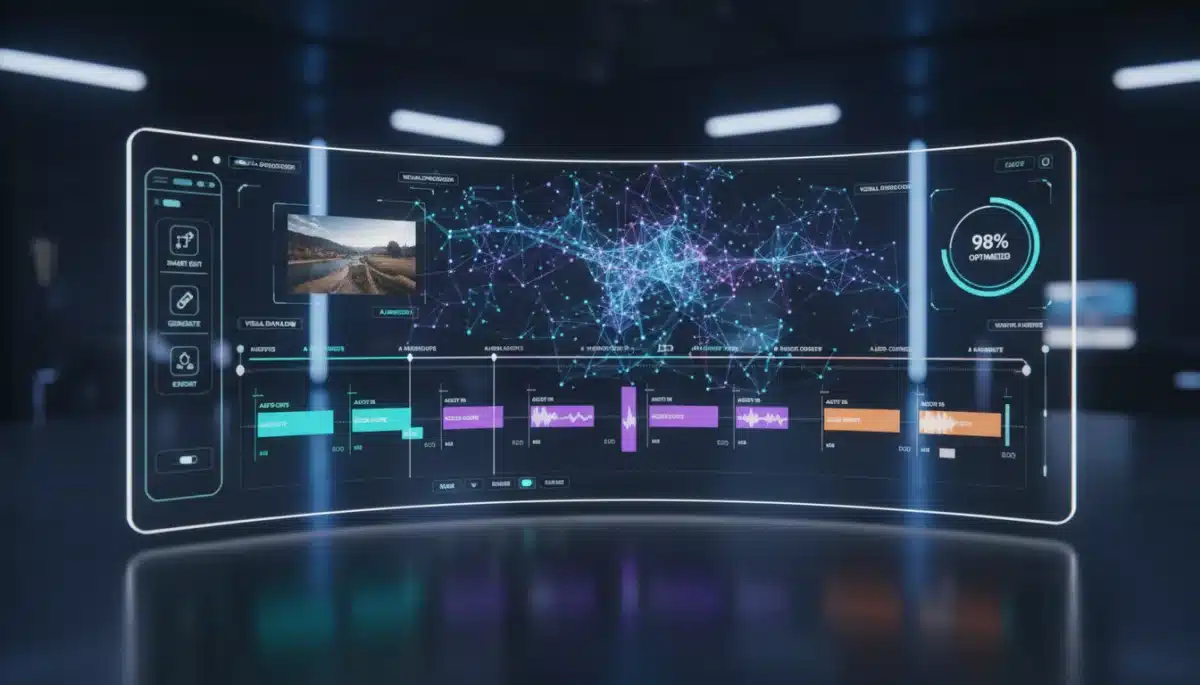 AI-powered video editing interface demonstrating automated cuts and color correction.