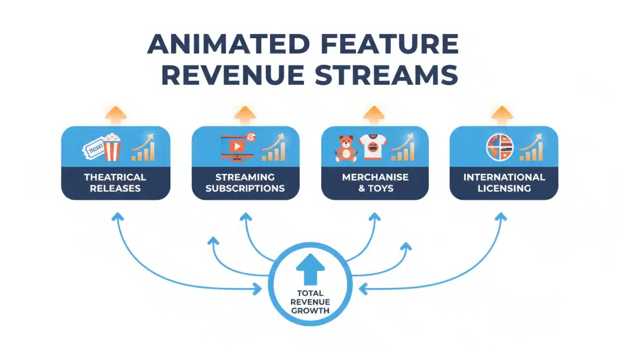 Infographic detailing diverse revenue streams for animated features, highlighting growth potential.