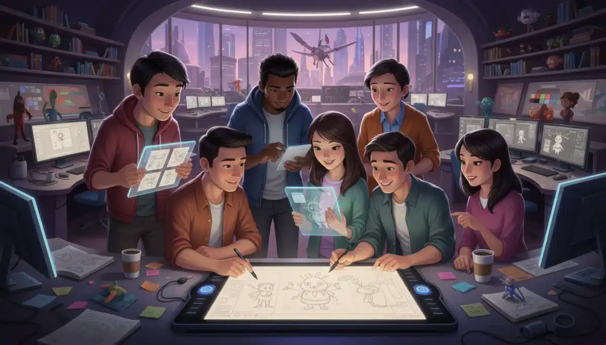 Animation artists collaborating on character designs and storyboards for a 2026 animated film