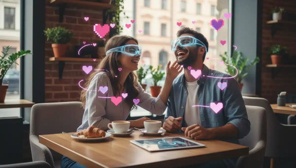 Couple laughing with AR glasses, showcasing digital-first romance trope