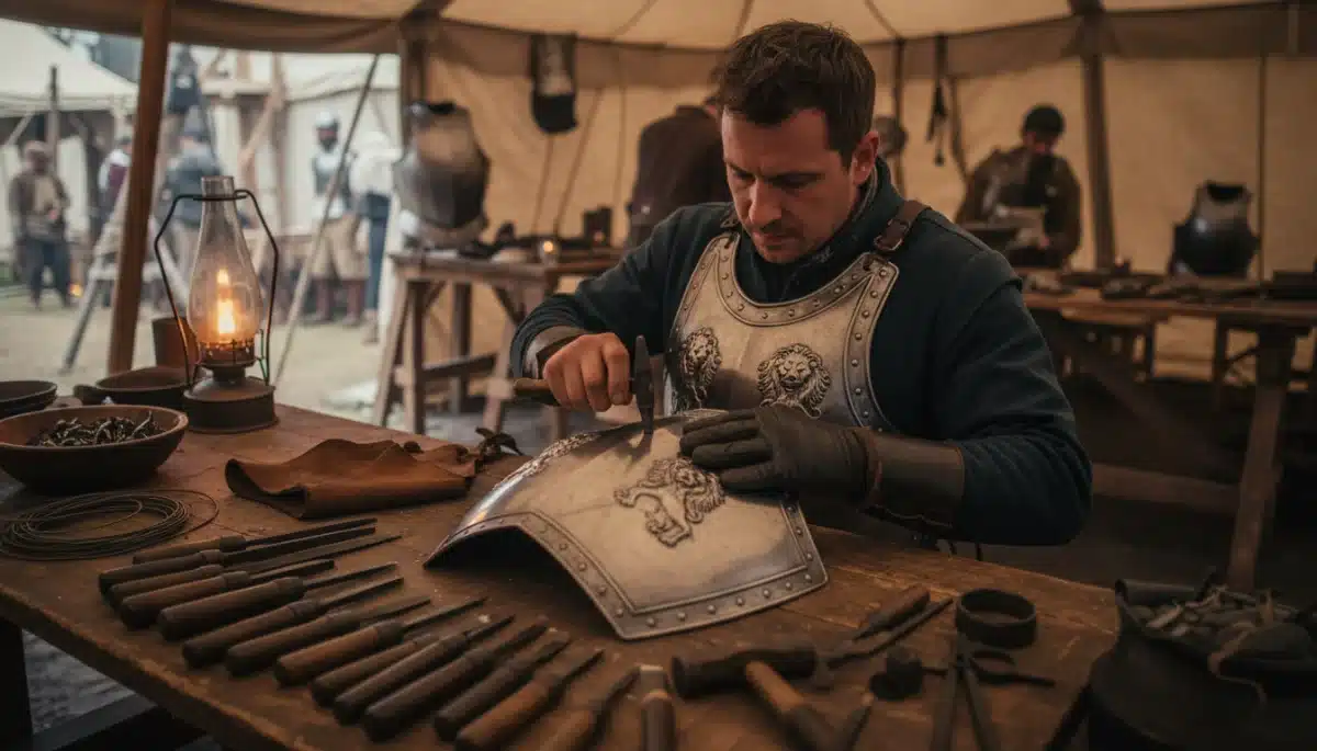 Artisan crafting detailed armor on set for 2026 historical epic film