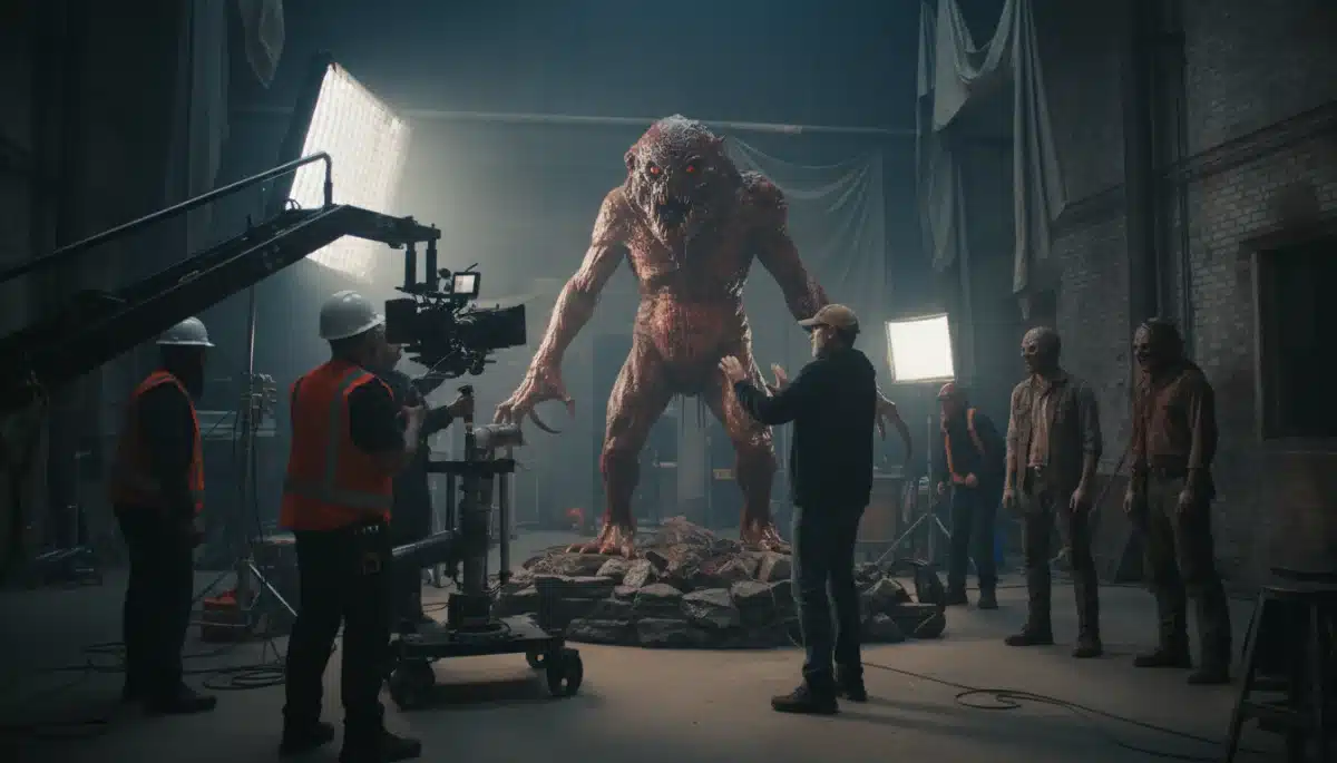 Behind-the-scenes film set with director and crew working on a horror movie prop