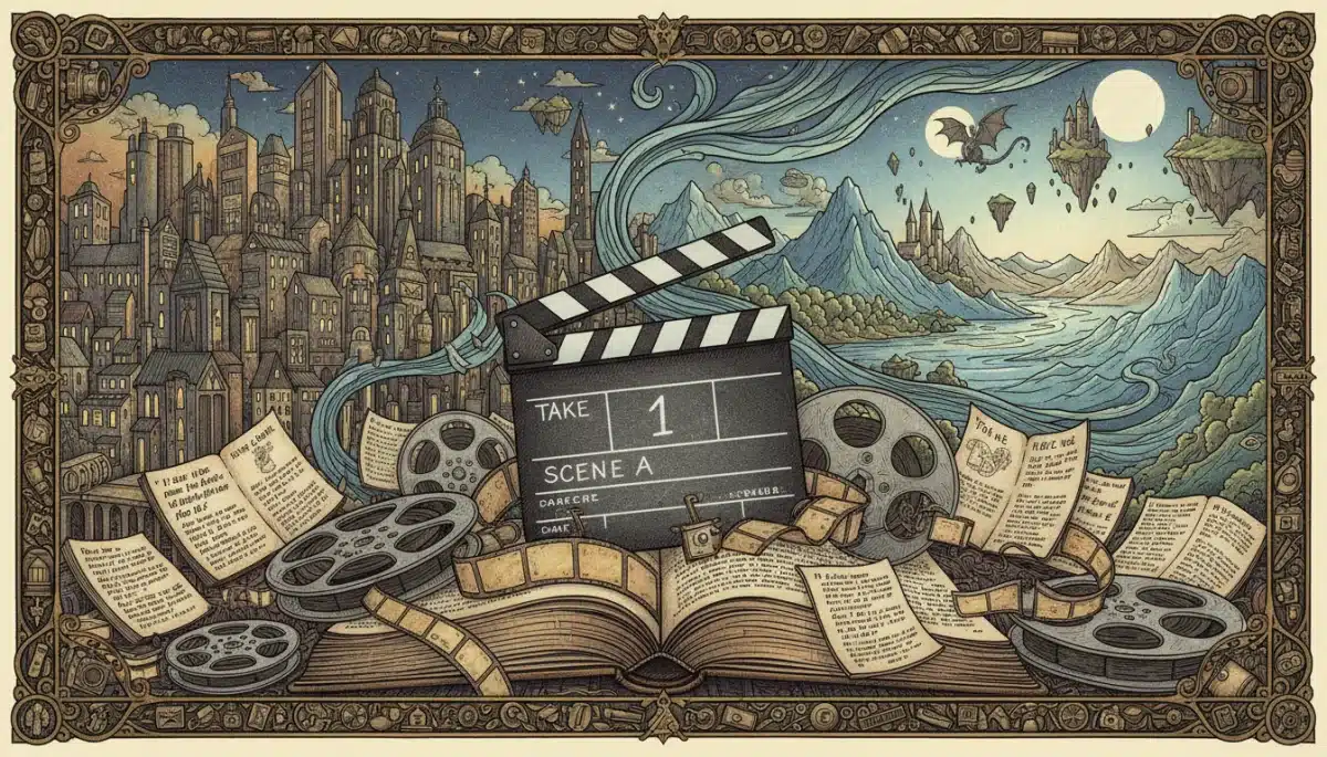 Director's clapboard on an open book symbolizing book-to-film transition