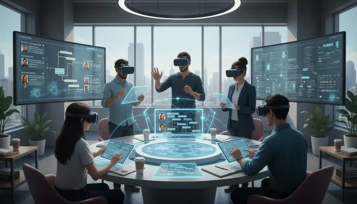 Collaborative interactive narrative creation in a modern studio setting with VR and tablet interfaces.