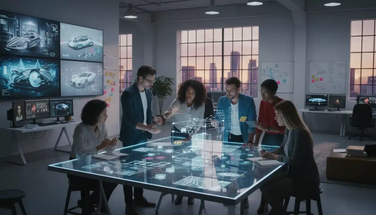 Diverse team collaborating on holographic display, symbolizing creative development and strategic partnerships