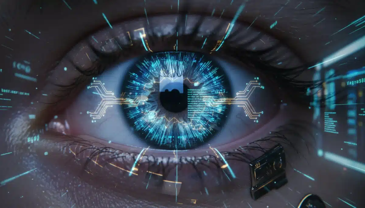 Close-up of a human eye with digital augmentation patterns
