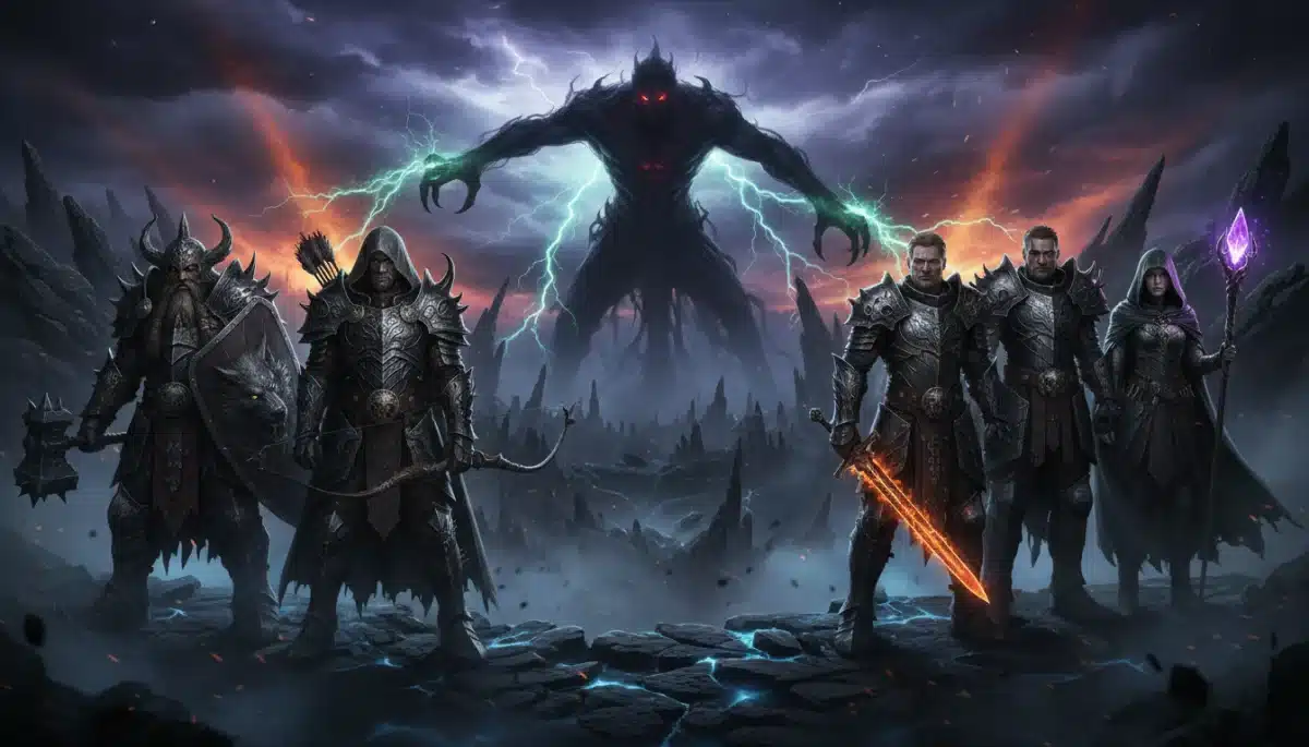 Diverse dark fantasy characters battling shadowy foe in epic landscape.