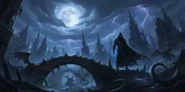 Brooding hero in gothic ruins under stormy sky, representing dark fantasy themes.