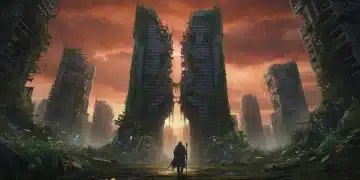 Desolate cityscape with overgrown vegetation and a lone figure, symbolizing post-apocalyptic themes in 2026 series.