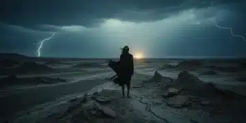 Figure braving a desolate landscape, symbolizing psychological survival thriller themes.