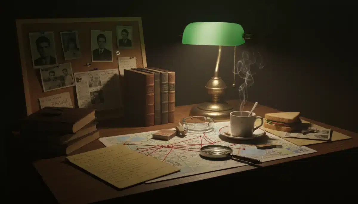 Detective's desk with clues, lamp, and coffee cup at night, symbolizing intense mystery investigation.