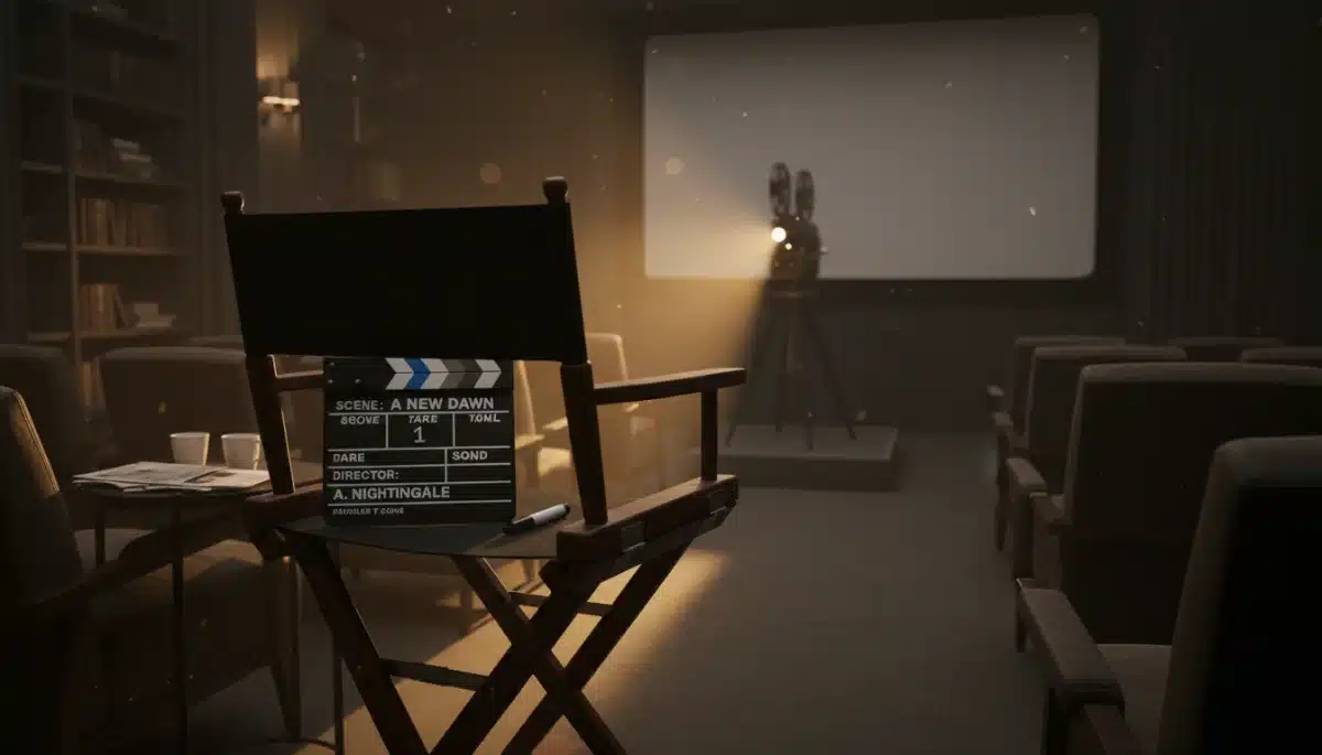 Director's chair and clapboard in a screening room, symbolizing film production