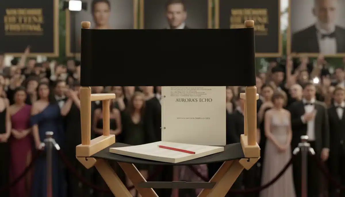 Director's chair and script at a film festival