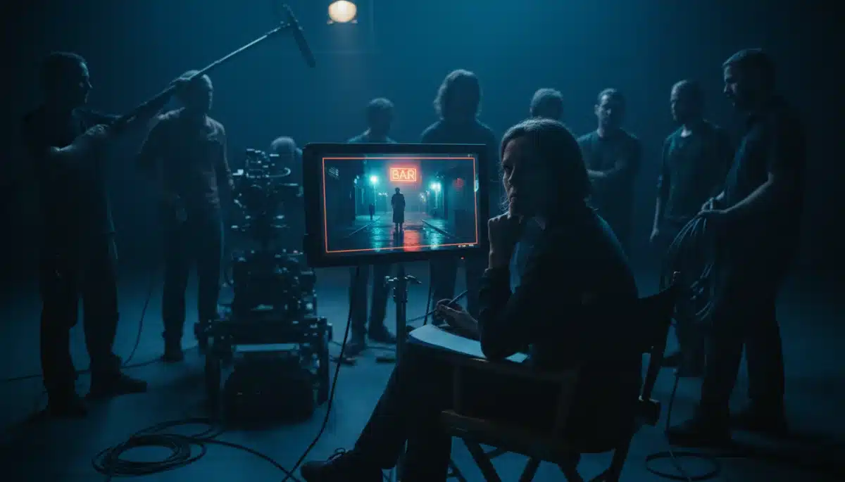 Director on set reviewing a neo-noir film scene on a monitor, creative process