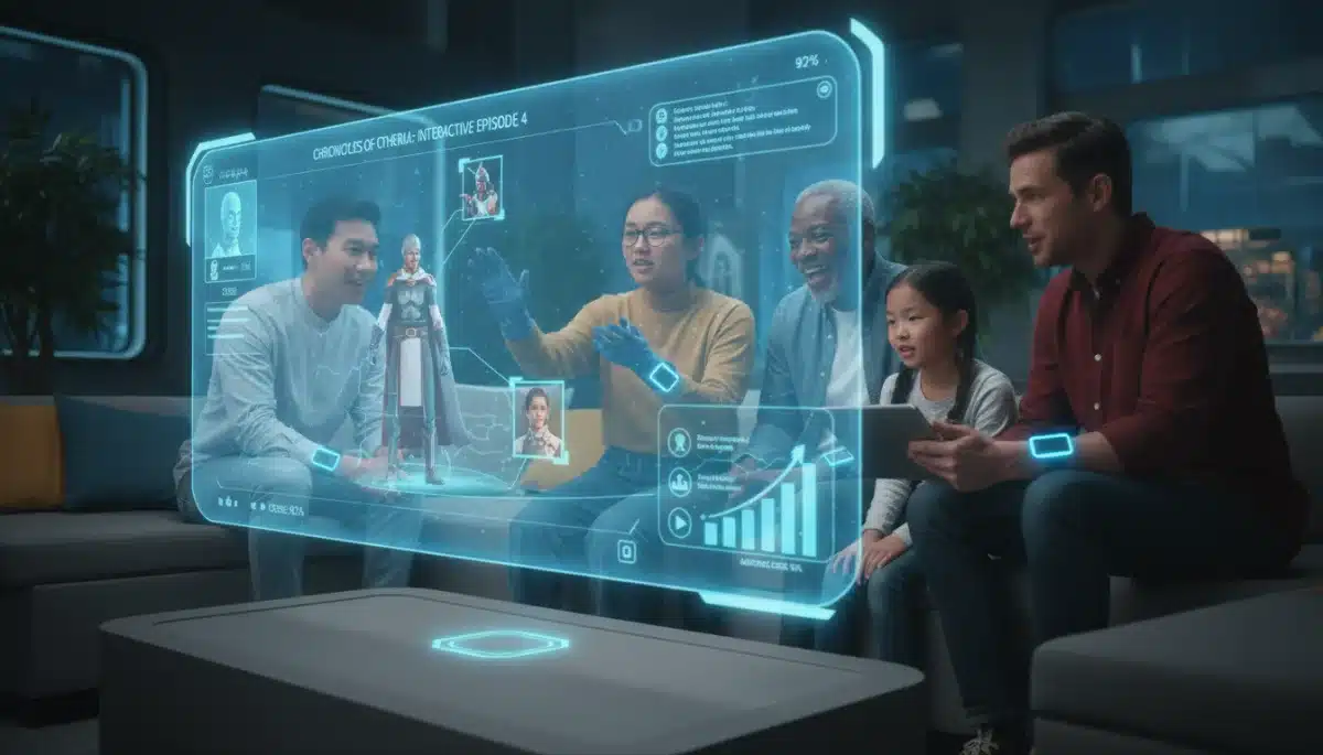 Diverse audience interacting with futuristic TV series content