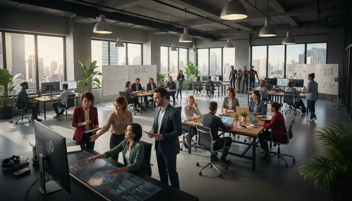 Diverse creative team collaborating in a modern Hollywood studio